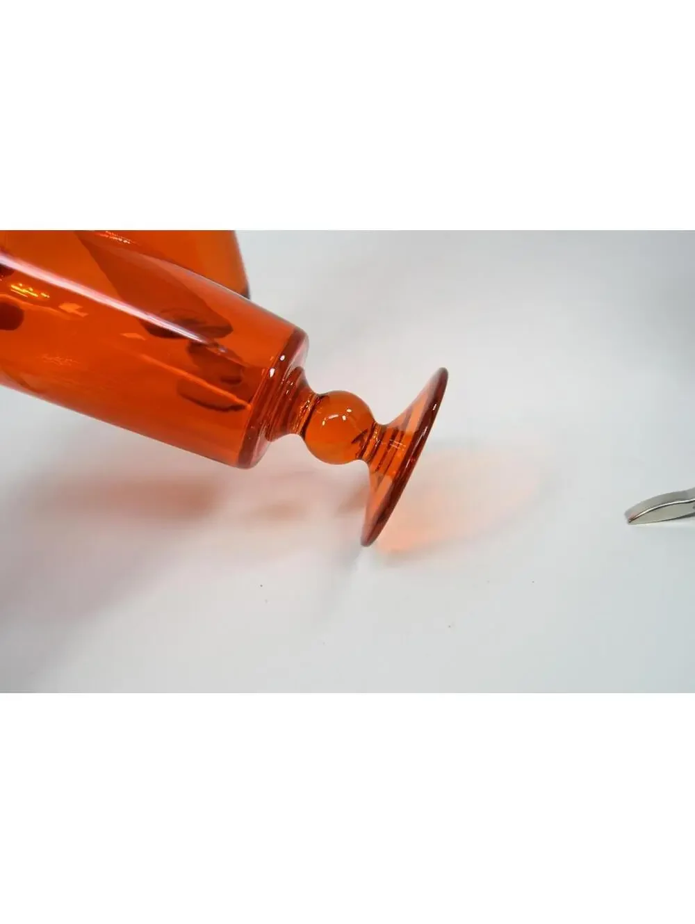 Mid Century Orange Glass Water Goblet Bubble Knob Stem 7